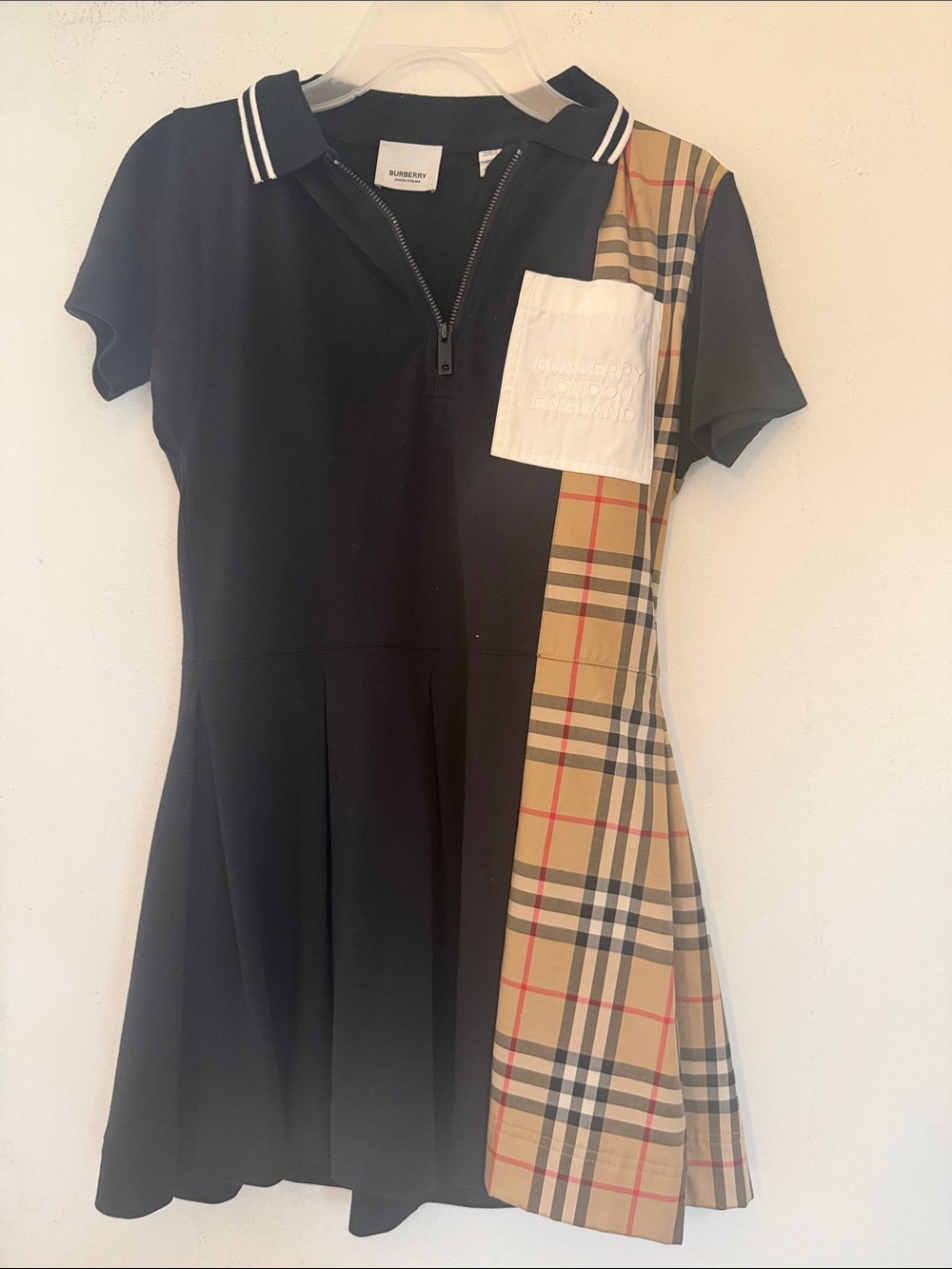 Burberry Black Dress with Signature Beige Check Panel and White Pocket